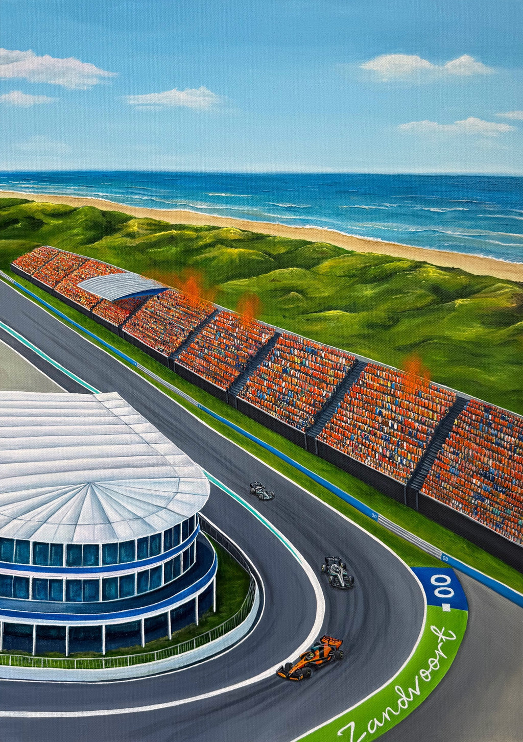 Zandvoort circuit original painting - the banked final corner, grandstands and North Sea dunes
