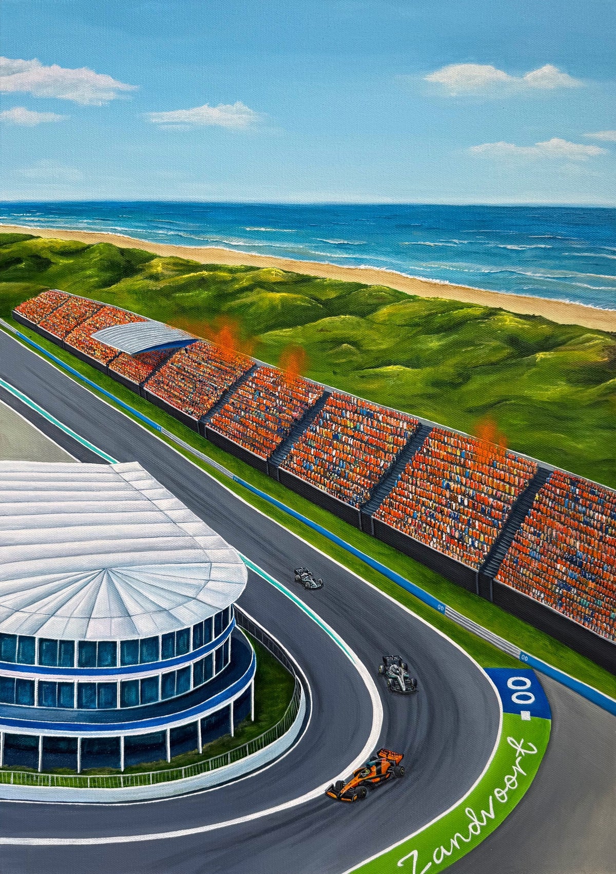 Zandvoort circuit original painting - the banked final corner, grandstands and North Sea dunes