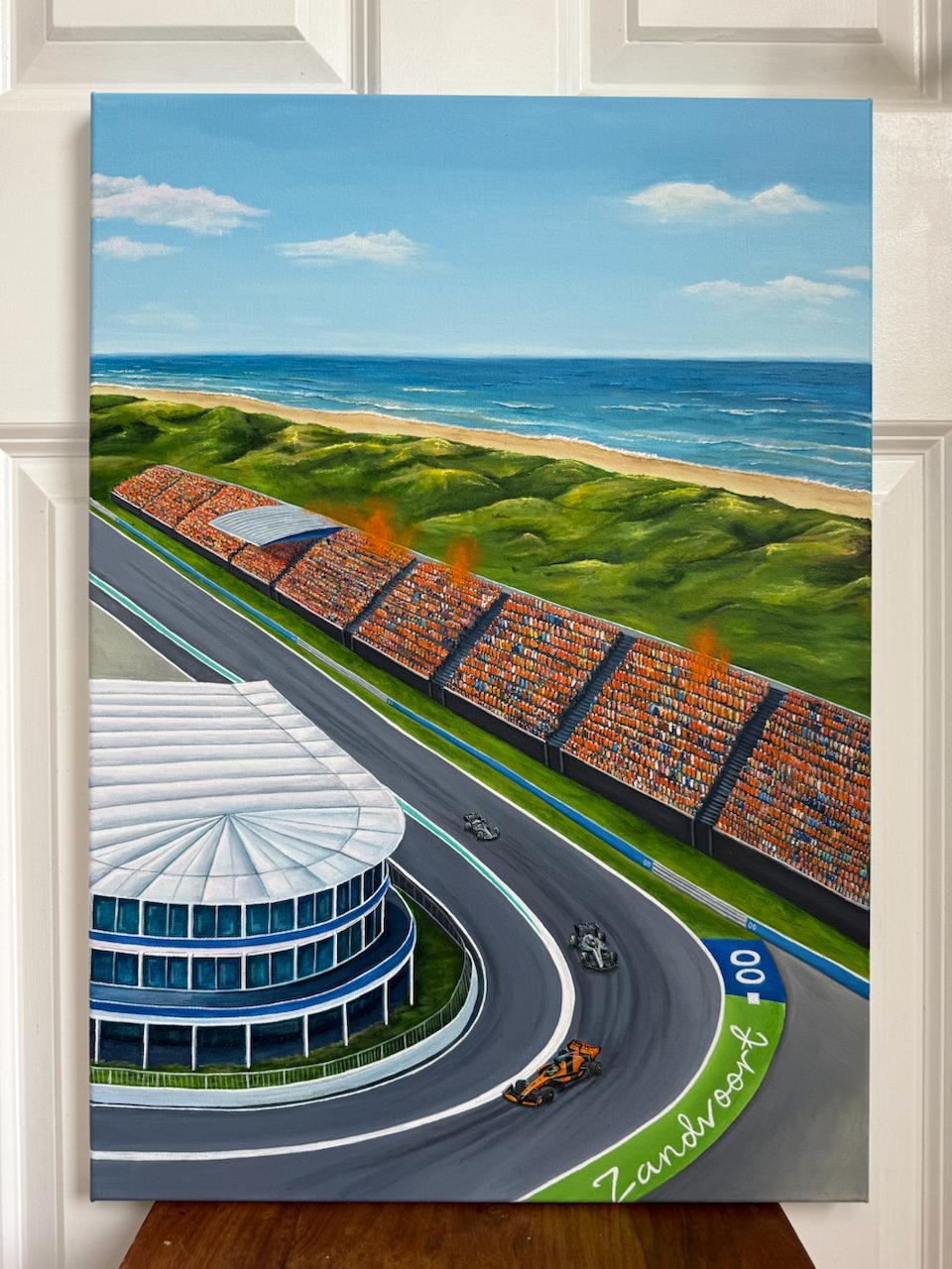 Zandvoort original acrylic painting on canvas by Izzy Davis, shown upright against a door